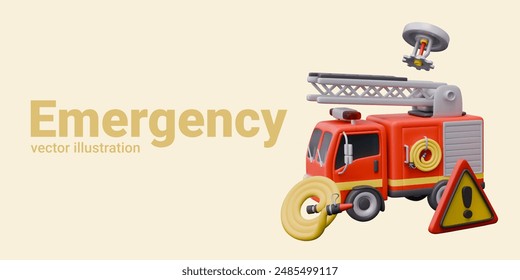 Emergency concept. 3D fire engine, sprinkler, hose, attention sign