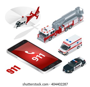 Emergency concept. Ambulance, Police,  Fire truck, cargo truck, helicopter, emergency number 911.  Flat 3d isometric city transport icon set.