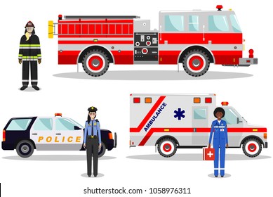 Concepto de emergencia. Ilustración detallada de mujeres bomberas, doctoras, policías con coche de incendios, ambulancia y camión policial en estilo plano sobre fondo blanco. Ilustración vectorial.