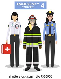 Concepto de emergencia. Ilustración detallada de mujeres bomberas, doctoras y policías de estilo plano sobre fondo blanco. Ilustración vectorial.