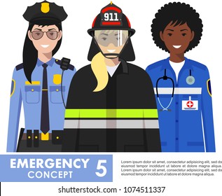 Emergency concept. Detailed illustration of female firefighter, doctor and policeman in flat style on white background. Vector illustration.