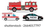 Emergency concept. Detailed illustration of firefighter, doctor, policeman with fire truck, ambulance and police car in flat style on white background. Vector illustration.