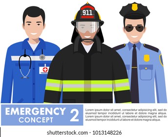 Emergency concept. Detailed illustration of firefighter, doctor and policeman standing together in flat style on white background. Vector illustration.
