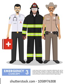 Emergency concept. Detailed illustration of firefighter, doctor and policeman sheriff in uniform standing together in flat style on white background. Vector illustration.