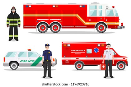 Concepto de emergencia. Ilustración detallada del bombero, médico, policía con coche de incendios, ambulancia y camión policial en estilo plano sobre fondo blanco. Ilustración vectorial.