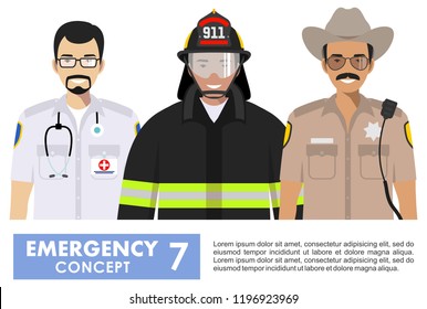 Emergency concept. Detailed illustration of firefighter, doctor and policeman sheriff in uniform standing together in flat style on white background. Vector illustration.