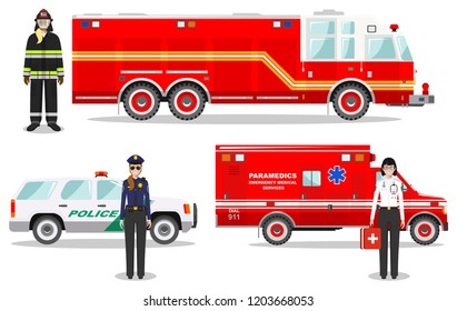 Emergency concept. Detailed illustration of firefighter, doctor, policewoman with fire truck, ambulance and police car in flat style on white background. Vector illustration.