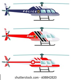 Emergency concept. Detailed illustration of firefighter, doctor, policeman with fire truck, ambulance and police car in flat style on white background. Vector illustration.