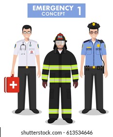 Concepto de emergencia. Ilustración detallada del bombero, médico y policía en estilo plano sobre fondo blanco. Ilustración del vector