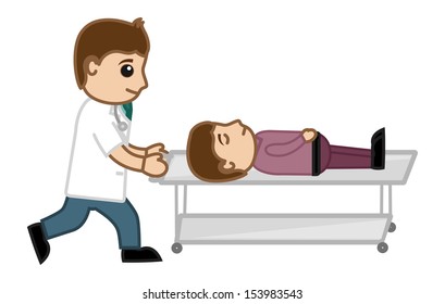 Emergency Concept - Doctor Pushing Patent on Stretcher - Medical Cartoon Vector Character