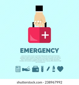 Emergency concept with hand holding first aid kit and healthcare symbols flat vector illustration
