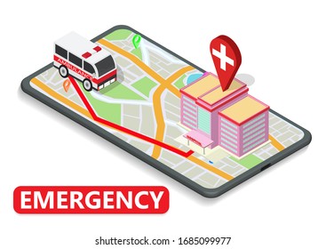 Emergency concept. Isometric map with ambulance and hospital on phone