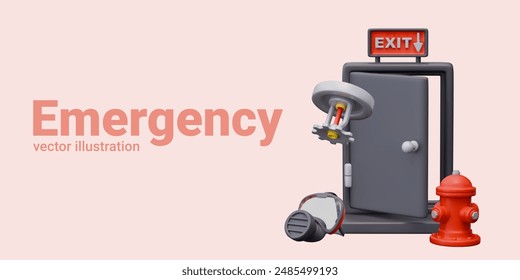 Emergency concept. Open exit door, sprinkler, respirator, fireplug