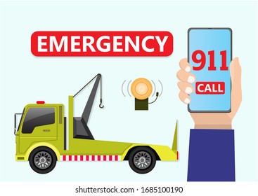 Emergency concept. Towing truck service. 911 urgent emergency call.