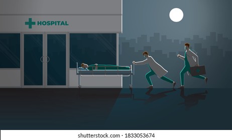 Emergency Concept. Two Doctors Run And Push Sick Patient Sleep On Bed To Hospital At Night. Rush Hour Medical Lifestyle Urgent Case In Dark And Full Moon Light. Career Of Work Hard Overtime Alltime.