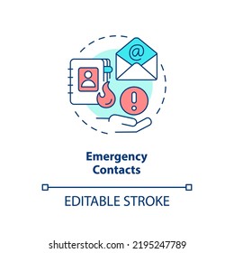 Emergency Contacts Concept Icon. Phone Numbers List. Crisis Management Plan Component Abstract Idea Thin Line Illustration. Isolated Outline Drawing. Editable Stroke. Arial, Myriad Pro-Bold Fonts Used