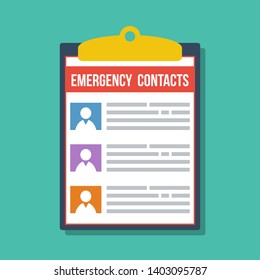 Emergency Contacts List In Clipboard, Vector Flat Illustration