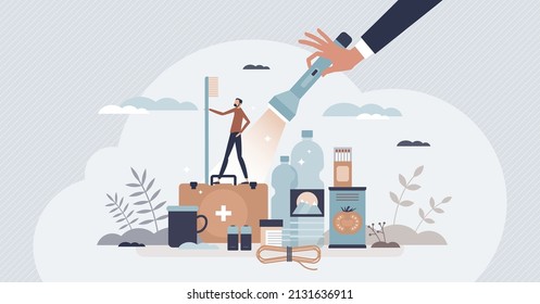 Emergency crisis preparedness with basic essential items tiny person concept. Escape and evacuation kit with survival elements for safe exit in catastrophe situation vector illustration. Supplies plan