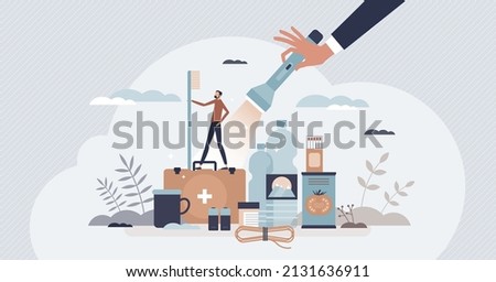 Emergency crisis preparedness with basic essential items tiny person concept. Escape and evacuation kit with survival elements for safe exit in catastrophe situation vector illustration. Supplies plan
