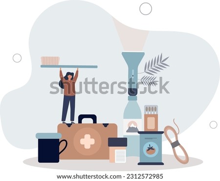 Emergency crisis preparedness with basic essential items.Escape and evacuation kit with survival elements.flat vector illustration.