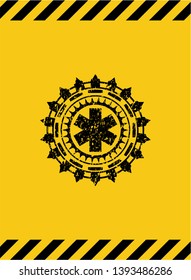 emergency cross icon black grunge emblem with yellow background. Vector Illustration. Detailed.
