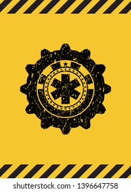 emergency cross icon black grunge emblem, yellow warning sign. Vector Illustration. Detailed.