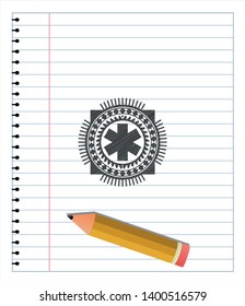 emergency cross icon draw with pencil effect. Vector Illustration. Detailed.