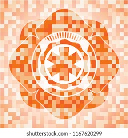 emergency cross icon inside abstract emblem, orange mosaic background