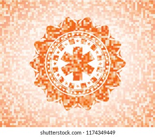 emergency cross icon inside abstract emblem, orange mosaic background