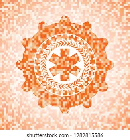 emergency cross icon inside abstract emblem, orange mosaic background