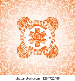 emergency cross icon inside abstract emblem, orange mosaic background