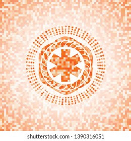 emergency cross icon inside abstract emblem, orange mosaic background