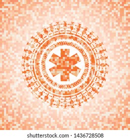 emergency cross icon inside abstract orange mosaic emblem