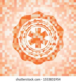 emergency cross icon inside abstract emblem, orange mosaic background