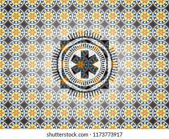 emergency cross icon inside arabesque badge background. arabic decoration.