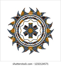 emergency cross icon inside arabesque emblem. arabic decoration.