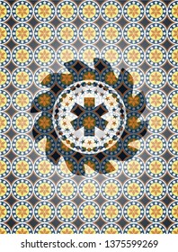 emergency cross icon inside arabesque style badge. arabic decoration.