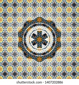 emergency cross icon inside arabesque emblem background. arabic decoration.