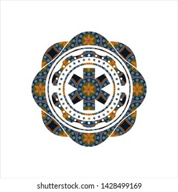 emergency cross icon inside arabesque style badge. arabic decoration.