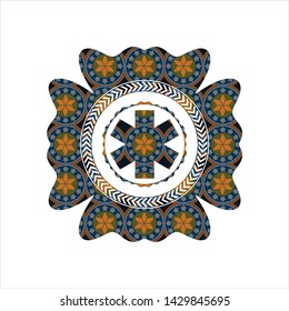 emergency cross icon inside arabesque badge background. arabic decoration.