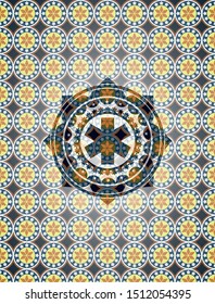 emergency cross icon inside arabesque emblem background. arabic decoration.