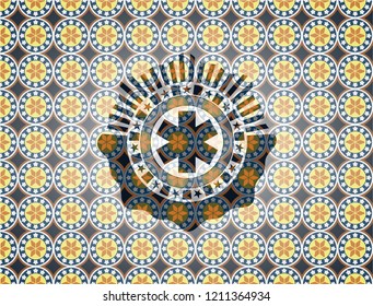 emergency cross icon inside arabic emblem. Arabesque decoration.