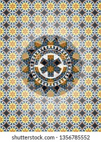 emergency cross icon inside arabic style emblem. Arabesque decoration.