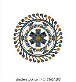 emergency cross icon inside arabic badge background. Arabesque decoration.