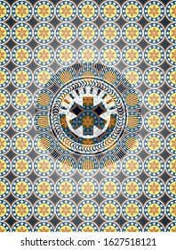 emergency cross icon inside arabic style badge. Arabesque decoration.