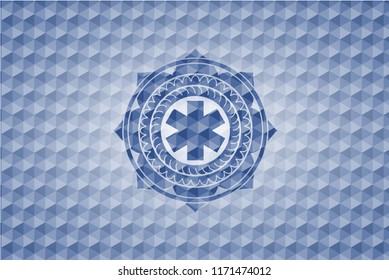 emergency cross icon inside blue badge with geometric pattern background.
