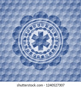 emergency cross icon inside blue emblem with geometric pattern background.
