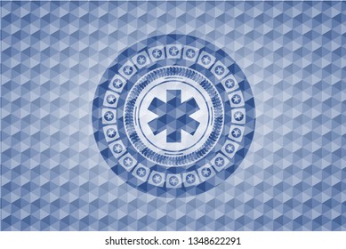 emergency cross icon inside blue polygonal emblem.