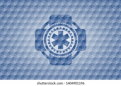 emergency cross icon inside blue polygonal badge.
