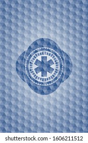 emergency cross icon inside blue emblem or badge with geometric pattern background.